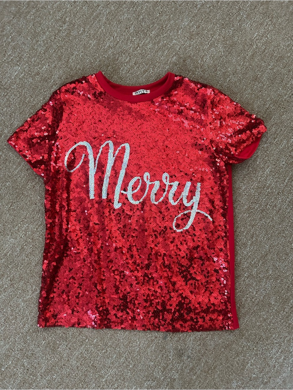 Women’s Red Sequin 'Merry' Tee - Festive Holiday Top size Amy